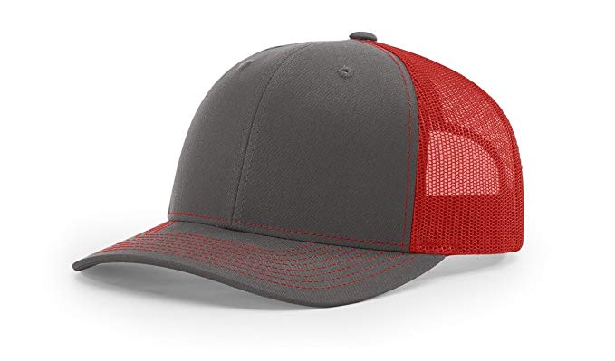 Richardson Charcoal/Red 112 Mesh Back Trucker Cap Snapback Hat w/THP No Sweat Headliner