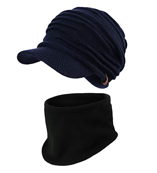 SIGGI Mens Wool Knit Visor Beanie Winter Hat&Scarf Sets Fleece Mask Neck Warmer